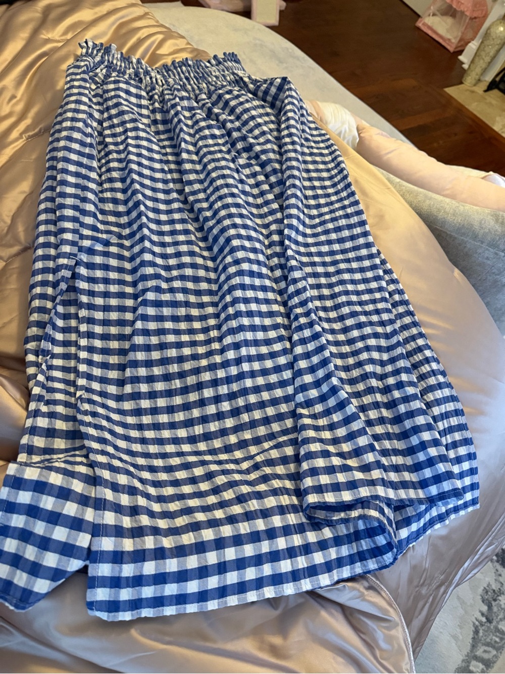 Universal Thread Blue White Gingham Smocked Maxi Skirt Side Slits Small
